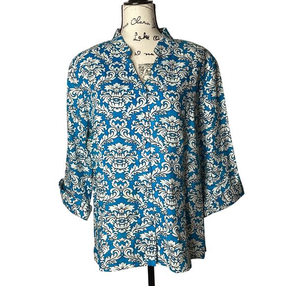 Vintage Tweeds Linen 3/4 Sleeve Tunic Top 1X Shoulder Pads Button Front V Neck - Picture 1 of 15